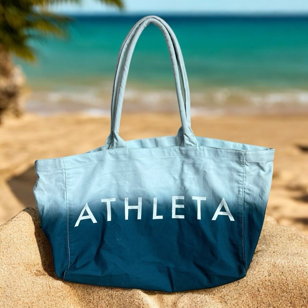 Athleta‎ Tote Bag Blue White Ombre Dip Dye Canvas Logo Beach Gym Shopper Travel